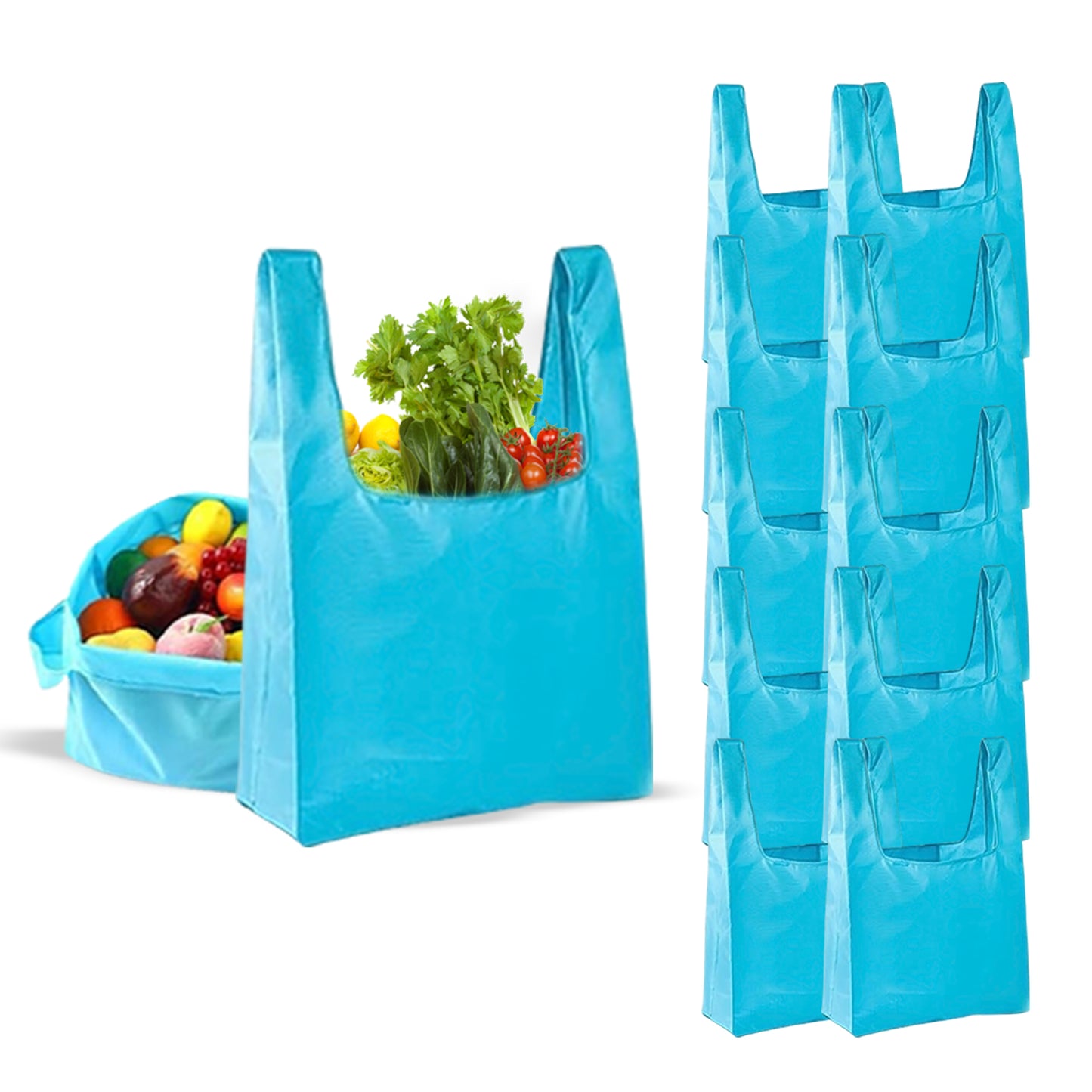 Reusable Shopping Bags for Sustainable Grocery - Stylish, Washable, and Eco-Friendly Tote Bags for Groceries - Foldable Grocery Bags with Pouch & Clip and Shopping Cart - Nylon 10 Pack…